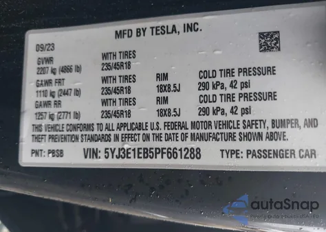 2023 Tesla Model 3 Long Range Dual Motor All-Wheel Drive из США, поврежденный, VIN 5YJ3E1EB5PF661288